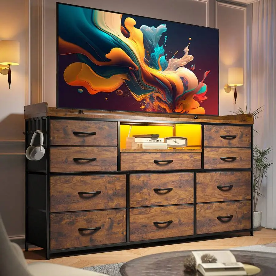 European Modern Drawer Dresser Cabinet - 11 Fabric Drawers, 60" TV Stand, LED Lights, Charging Station, Shelves, 4 Hooks, Stable Metal Frame, Wall Plug, Smooth Fences, Space-Saving Bedroom Furniture, Storage Chest, Assembly Required