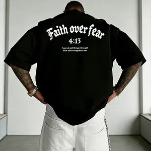 Men’s “Faith Over Fear” Christian graphic T-shirt, Philippians 4:13 verse print tee, casual crew neck, perfect for faith wear, church outfits, and streetwear.