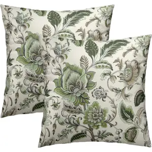 Sage Green and Cream Flowers Throw Pillow Cover 20x20 Inch Pack of 2 Chinoiserie Green Floral Cushion Pillow Case Square Spring Vintage Farmhouse Pillowcase for Bed Sofa Home Car Bedroom Outdoor