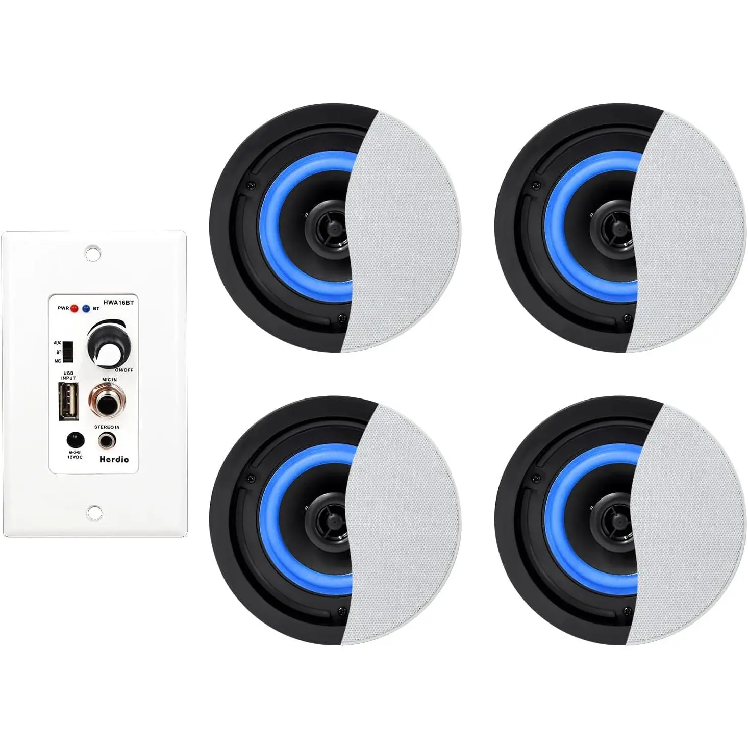 Herdio Bluetooth Ceiling Speakers Wired 4 Inches 2-Way with 4 Channel Amplifier Receiver for Home Theater Living Room Office(4 Speakers), Mother's day Gift, Audio, Custom, Smartphone, Mount, Devices, Compact, Watts, Android