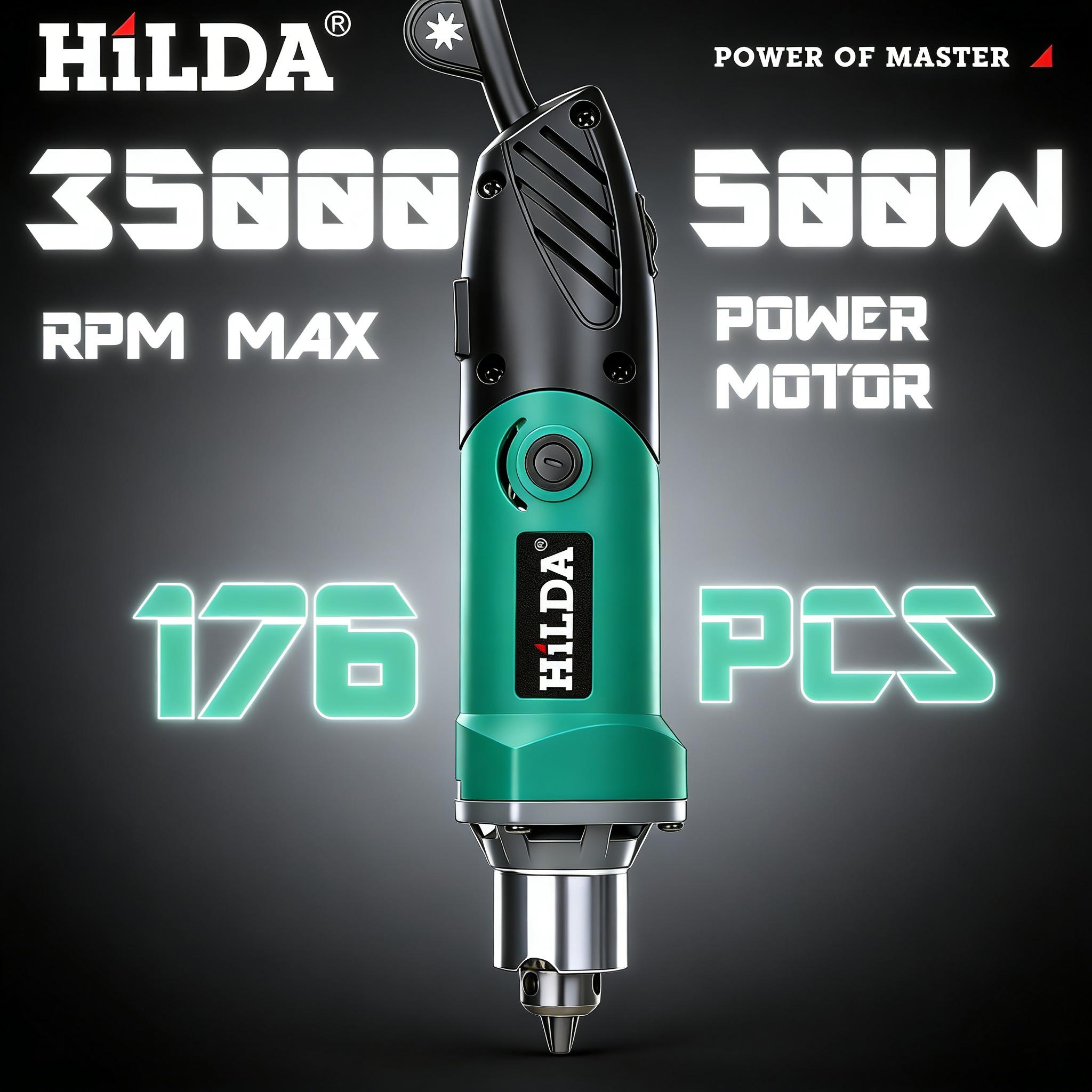 HILDA 500W Rotary Tool Kit 6 Variable Speed 176pcs Accessories Set for Crafting Projects DIY Creations 35000 RPM Max Power Motor