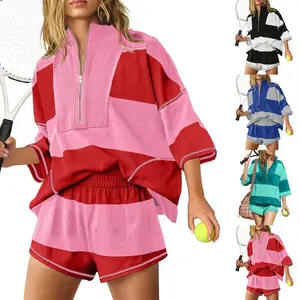 2026 New Arrival: Women's Valentine's Day Two-Piece Set — Summer Striped Athleisure Suit (Short-Sleeve Top & Shorts) with a Relaxed Fit Clothing Sets Womenswear