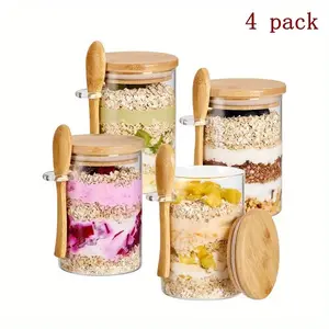 4-Pack 16oz Overnight Oat Glass Jars with Bamboo Lid, Large Capacity Breakfast Bowl, Food Storage Container, Kitchen Accessories