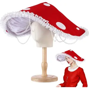 Mushroom Hat Renaissance Medieval Costume Cosplay Victorian Fairy Accessories with Bead Lace Brim Cap
