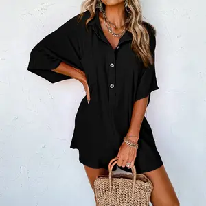 plain button front Black Half Button Collared Loose Romper