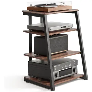 4-tier AV media stand corner rack, suitable for record players, wooden speaker cabinet stand, equipped with height-adjustable wooden shelves, suitable for PS4 (walnut color)