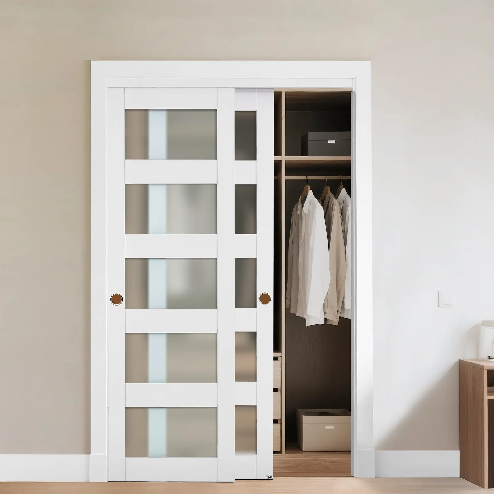 【Summerfinds】VEVOR Double Door Design Bypass Sliding Closet Door, 48"(2x25")x80", 5-Lite Frosted Glass, Solid Wood & MDF Slab with Waterproof PVC Surface, Hardware Kit & Floor Guide for Closets, Bedrooms Telescopic Doors