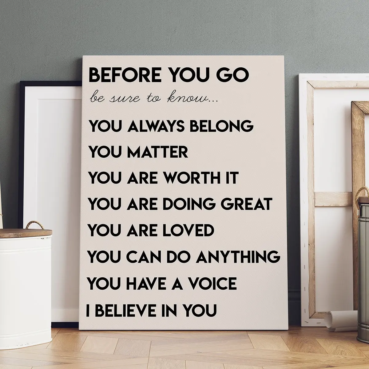 1 Count wooden frame canvas, "Warm Heart Affirmation Before Parting" inspirational text poster, fashion decoration, modern family poster, beautifully printed canvas, suitable for living room and corridor wall art, HD, waterproof, art