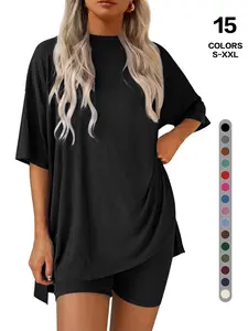 TFNOSIZE Women's Casual Comfortable Round Neck Pajamas & High-Waist Side Pocket Biker Shorts, Sports Two-Piece Casual Set, Elegant, Comfortable, Simple, Breathable Homewear Women's Pajama Set, Fashion Clothing, Holiday Airport Travel Outfit Fabric