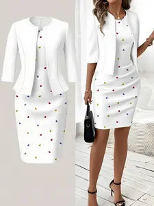 Women's Spring Summer Fall Knitted Cardigan Top, Slim Waist & Print Design, Classic Straight Dress Set, Elegant Wedding Guest Gown