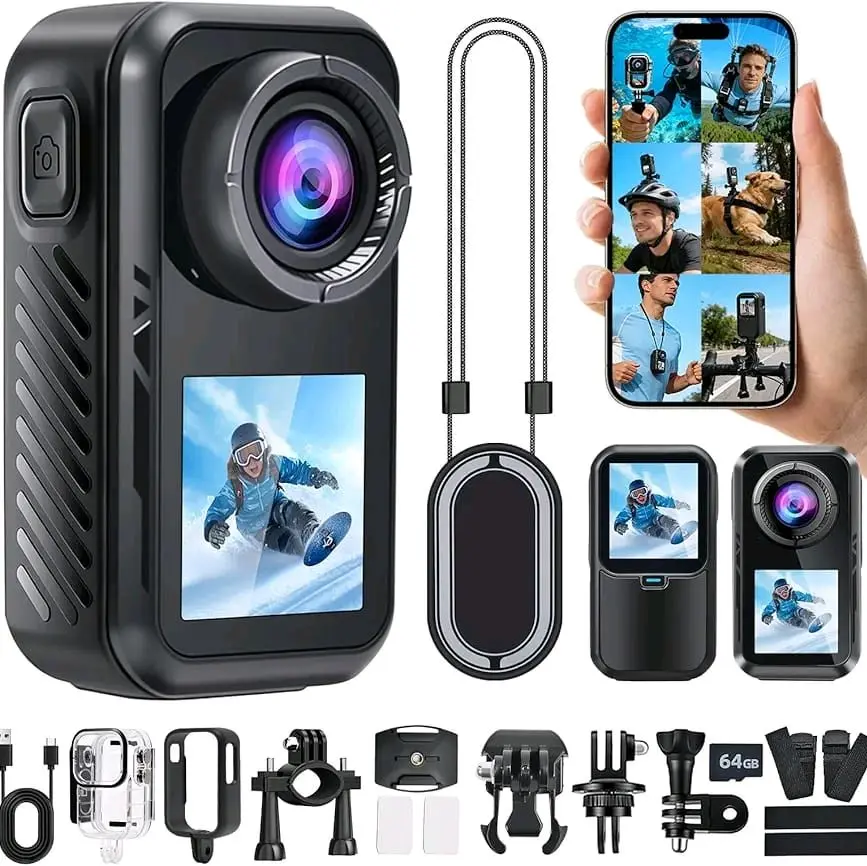Mini Action Camera, 4K 60FPS, WiFi-Enabled, 64GB Waterproof Body Camera