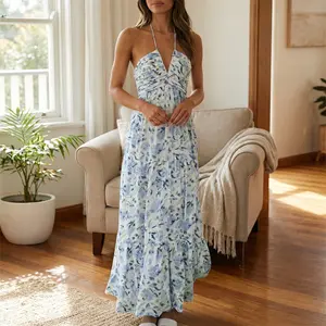 Women Long Dress, Elegant Sleeveless Tie-up Halterneck Floral Dress Summer Swing Dress