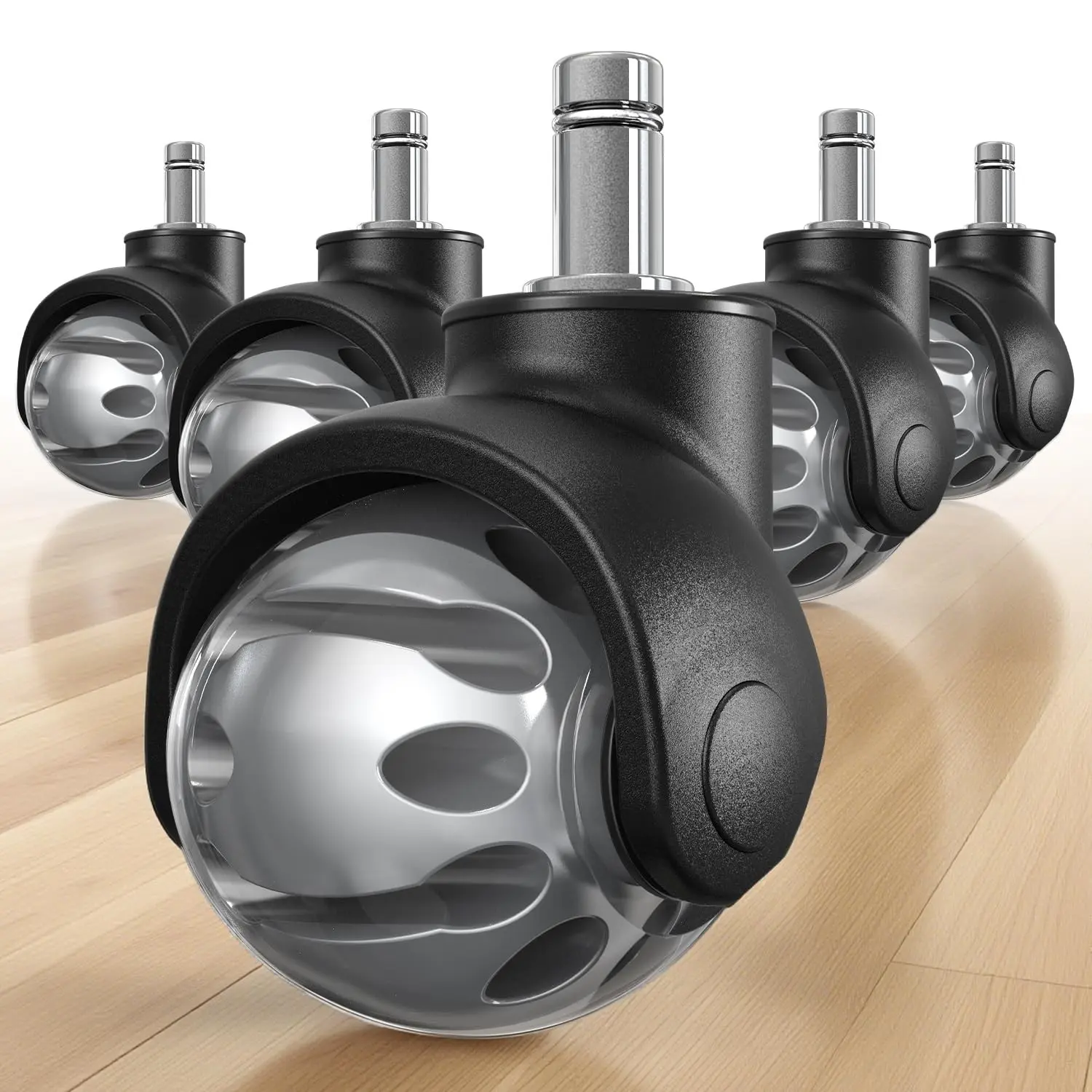 Office Chair Wheels Replacement - 5 Pieces Heavy-Duty Rubber Casters, 11x22mm Universal Fit 2in Silent Rollers for Carpet, Hardwood Floors, Grey Gaming Desk Set
