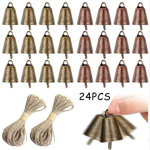 Christmas Bells Set of 24 with Ropes, Vintage Copper Color Bell Ornaments, Christmas Tree Decorations, Holiday Craft Bells, Hanging Ornaments