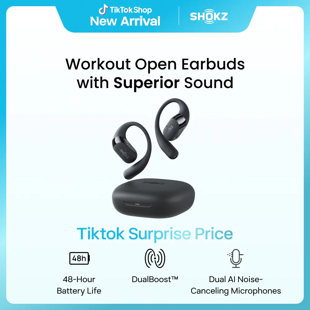 SHOKZ OpenFit 2 Open-Ear True Wireless Bluetooth Headphones with Audio, Button, Dynamic Driver, 48-Hour Battery Life, DualBoost Sound, Microphone, Fast Charging, IP55 Water-Resistance
