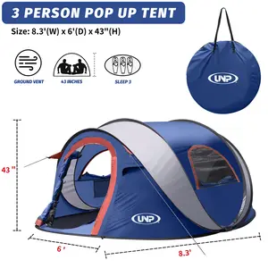 UNP 3-Person Pop-Up Tent, Instant Setup, Waterproof & Windproof, 8.3'x6'x43" with Removable Awning, Portable Family Beach Tent, Easy Setup for Travel & Backyard, Mother's Day Gift Idea essentials camping quick