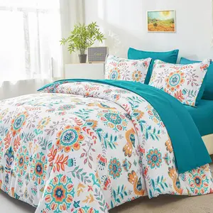 Boho Comforter Set Queen - 7 Pieces Bed in a Bag Floral Medallions, Bohemian Comforter Set with Sheets, Soft Microfiber Complete Bedding Sets All Season (Teal Blue, Queen)