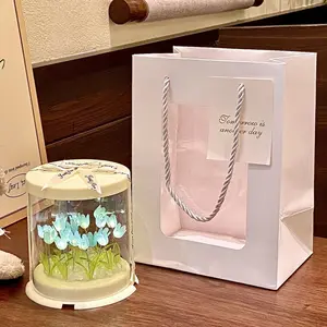 Cute Tulip Bouquet Night Light, Clear Box Design LED Lamp, Whimsical Home Decor for Dorm/Office DIY Tulip Cake Box Night Light Kit, Romantic Floral Desk Lamp, Creative Home Decoration Gift for Girls