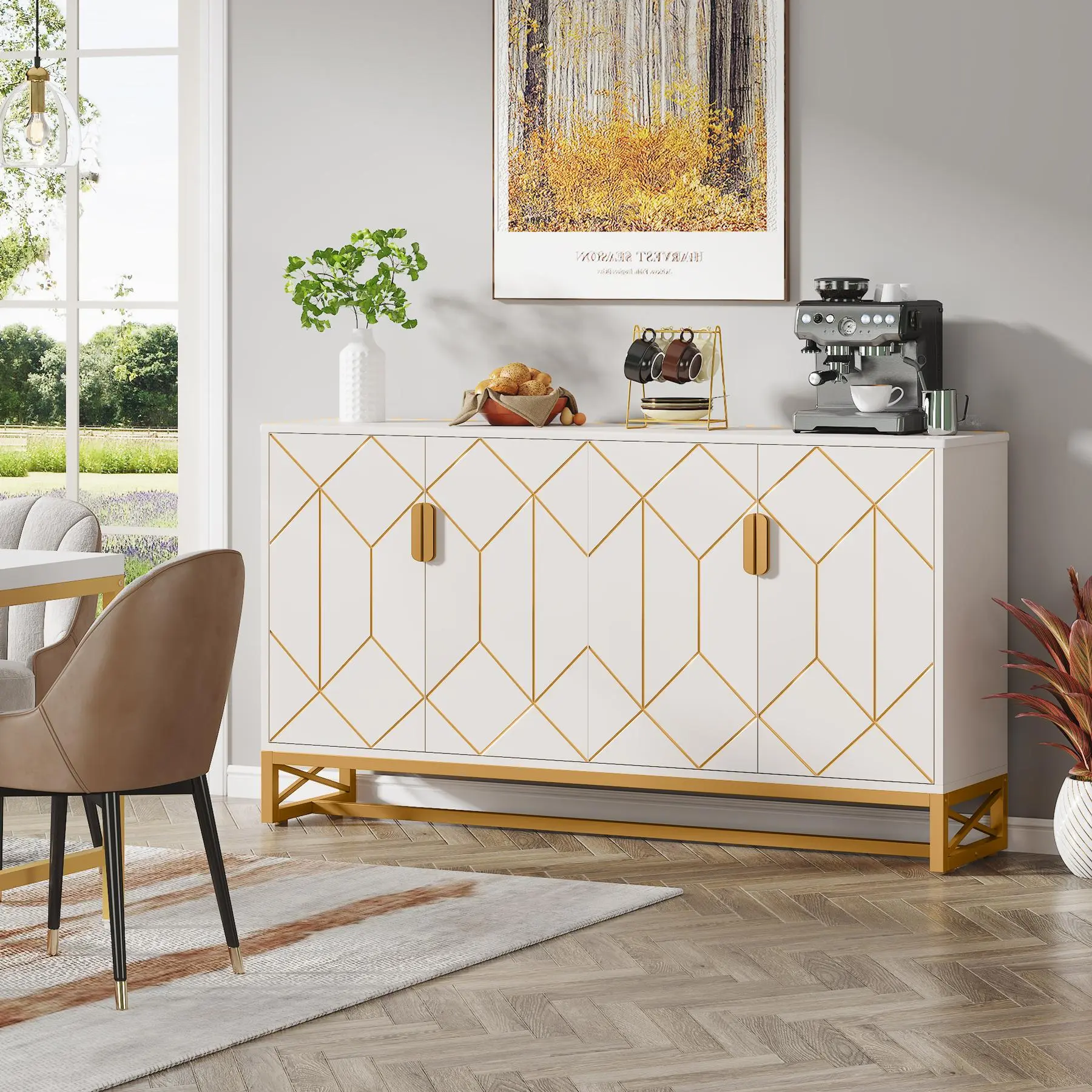 TRIBEWOOD 59-in Durable Modern Wood & Metal Buffet Cabinet - 2-Tiered Storage, 4-Door White & Gold Sideboard, Adjustable Coffee Bar Cabinet for Kitchen, Dining Room & Various Room Types, Eco-Friendly