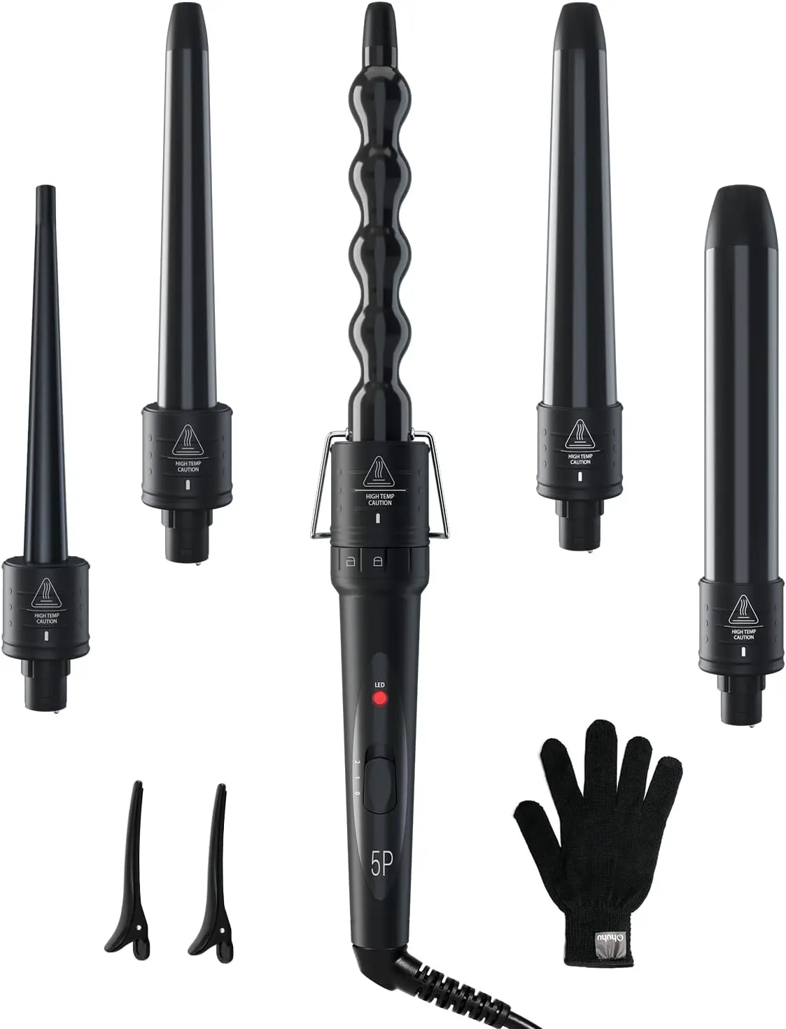 5 in 1 Curling Wand Set: Ohuhu Curling Iron Wand 5Pcs 0.35 to 1.25 Inch Interchangeable Ceramic Barrel Heat Protective Glove 2 Clips Dual Voltage Hair Curler for Girl Women Black