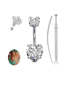 Hypoallergenic Belly Button Ring, Heart-Shaped Stainless Steel Piercing Jewelry with Zircon, Women's Inner Thread Design, Includes Piercing Tool