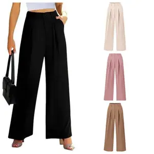 Women's Commuter Business Loose Fit Formal Suit Pants - Straight Leg, Polyester, Flat Knitted, Pocket Design, Elegant Matching Elegance