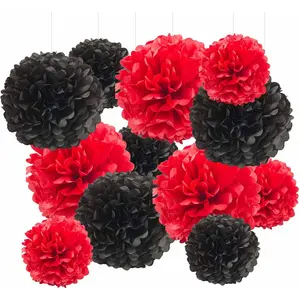 Black and Red Tissue Paper Pom Poms Hanging Tissue Flowers Poms Decorations Pack of 12 for Wedding, Birthday,Party Backdrop Decor ect. (12", 10",Tissue Paper Flowers)