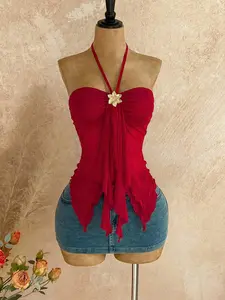 EVO x Soleia Women's Asymmetrical Hem Sleeveless Top With Seashell Decor, Suitable For Beach Vacation, Summer