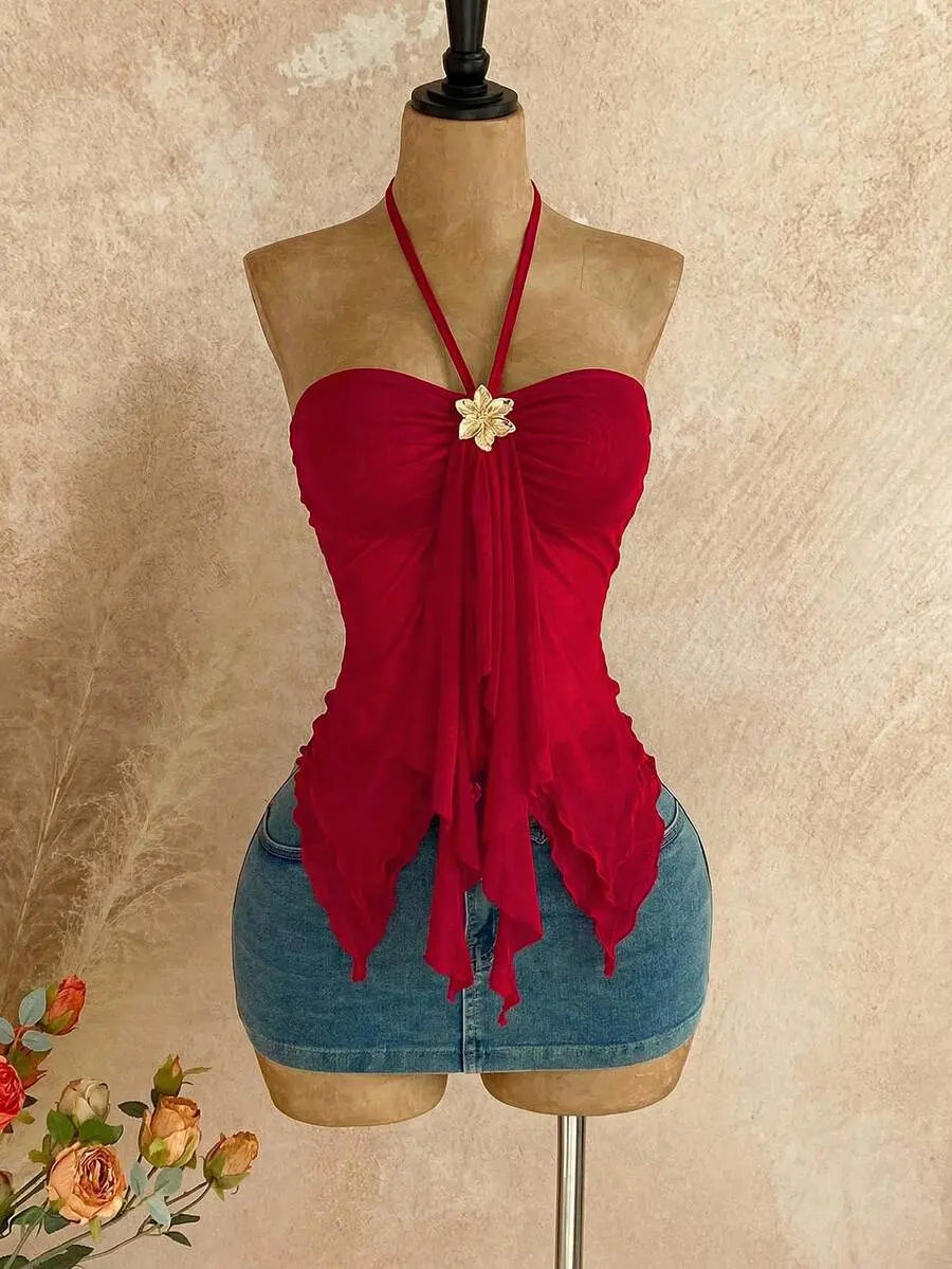 EVO x Soleia Women's Asymmetrical Hem Sleeveless Top With Seashell Decor, Suitable For Beach Vacation, Summer