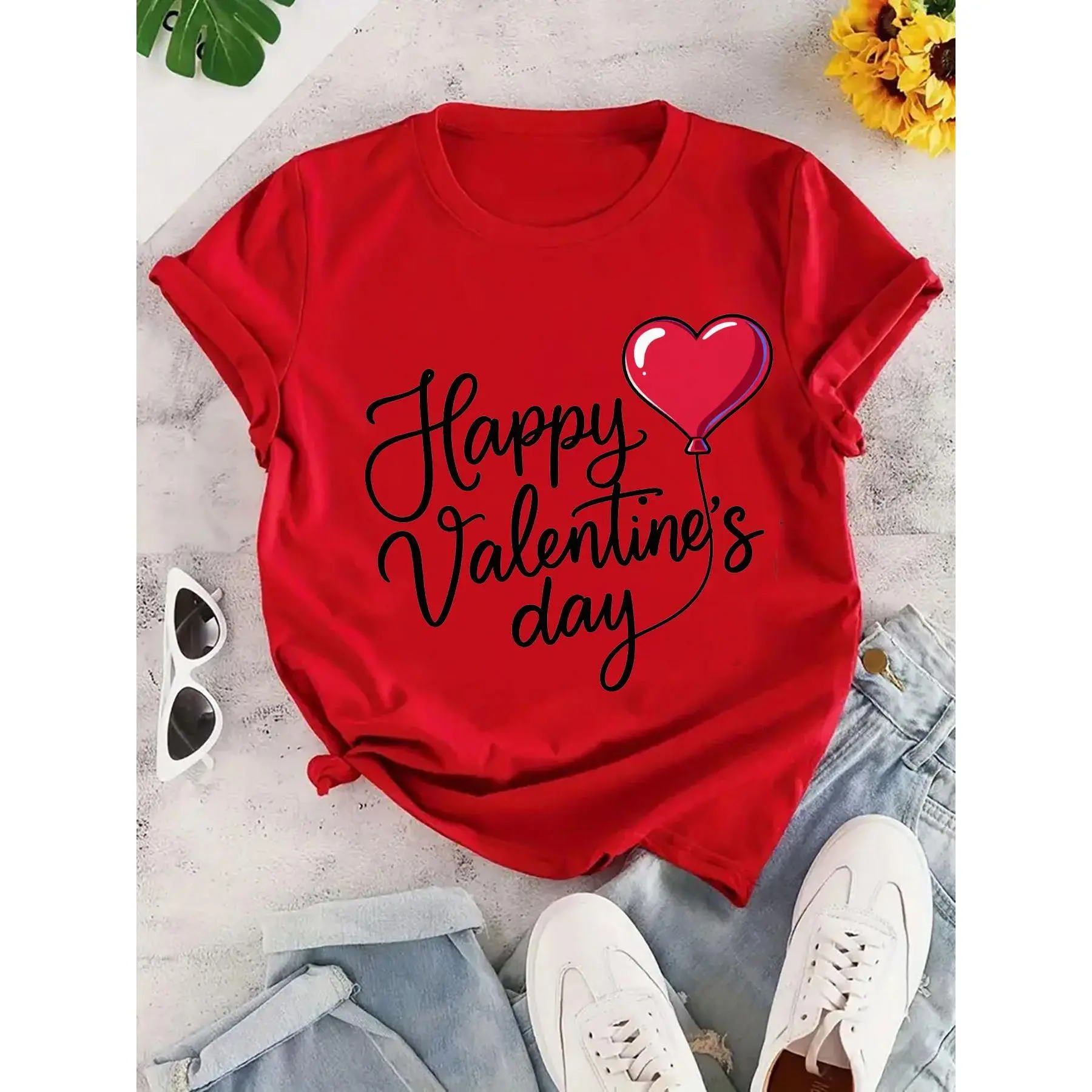 Women's Casual Tshirt in Cotton Fabric with Heart Balloon Print, Regular Fit Round Neck Top for Valentines Day, All Seasons, Machine Washable, Geometric, Do Not Dry Clean