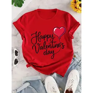 Women's Red Heart Balloon Valentine's Day T-Shirt - Short Sleeve Round Neck Rolled Sleeve Top, Lightweight Breathable Party Wear, Autumn Winter Casual H-Shape Loose Fit, Gift for Her (Machine Washable)