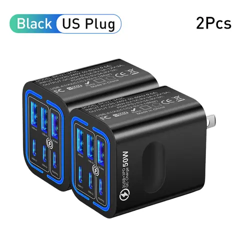 KAXOE 2pcs 50W Fast and Efficient Multi-Outlet Plug-In Phone Chargers - 3 Type-C, 3 USB Ports, QC 3.0 Boost Charging, for iPhone 17 Pro Max 16-13, Samsung, Travel Users