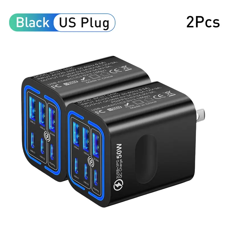 KAXOE 2pcs 50W Fast and Efficient Multi-Outlet Plug-In Phone Chargers - 3 Type-C, 3 USB Ports, QC 3.0 Boost Charging, for iPhone 17 Pro Max 16-13, Samsung, Travel Users