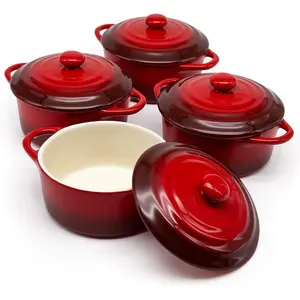 Ceramic Mini Cocotte Set, Small Casserole Dishes with Lids and Handles, Individual Baking , Oven, Microwave & Dishwasher Safe, Stoneware, 12 oz, Set of 4, Crimson Ombre