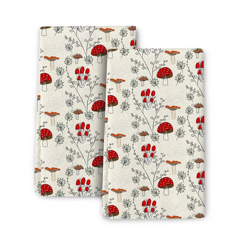 Mushrooms Print Kitchen Towel Set, 2 Counts Soft Absorbent Hand Towel, Dish Cleaning Cloth, Multi-purpose Kitchen Towel, Tea Towel, Dish Towels, Kitchen Accessories, Summer Sets, Super Absorbent Reusable