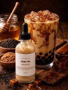Boba Tea Moisturizing Shimmer Body Oil Caramelized Brown Sugar, Steamed Milk, Black Tea, Honey Boba Pearls, Jasmine Tea Leaves, Creamy Vanilla Milk, Warm Amber by Karafa Essentials