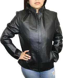 Dona Michi Women's Genuine Soft Leather Zipper Closure Jacket with Mandarin Collar Black Fashionable Outerwear Casual Coats Lightweight Nylon Pockets Top Grain Leather