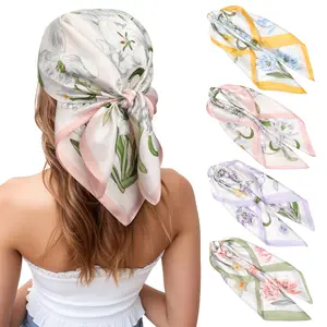27.5'' Silk Feeling Square Head Scarf 4 Pack Satin Square Head Scarves for Women Hair Bandanas Head Kerchief