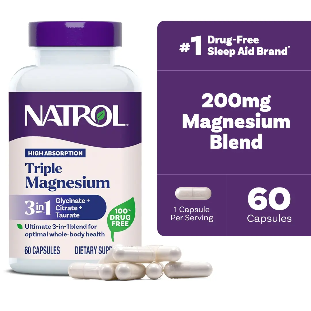 Natrol High Absorption Triple Magnesium, Glycinate&Citrate&Taurate, 60 Caps | Triple Complex, Elemental Magnesium, Promote Whole-Body Wellness, Supports Muscle Function, Nerve & Cardiovascular Health