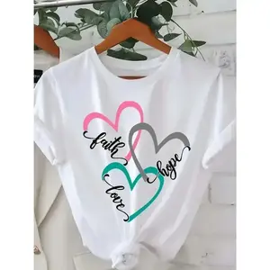 Plus Size Casual Heart Letter-Pattern Printed Women's T-Shirt | Round Neck Summer Short Sleeve Tops