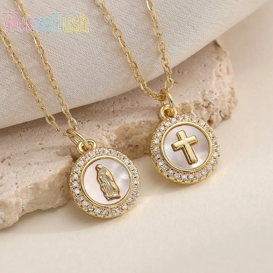 Trendy Virgin Mary Cross Round Pendant Necklace for Women,18K Gold Plated Copper Inlaid with Sparkling Zirconia,Niche Minimalist Faith Jewelry,Dainty Clavicle Chain,Perfect for Daily Wear,Party & Gifting,Elegant Religious Statement Necklace