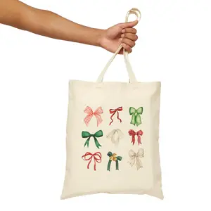 Christmas Bows Canvas Tote Bag, Holiday Tote Bag, Cute Bow Design, Christmas Gift