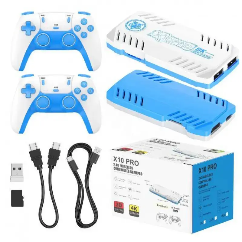 The upgraded X10 PRO (Version 3.0) game console features classic PSP and PS1 titles and is perfect for multiplayer gatherings; it sports a blue-and-white color scheme and supports HDMI output.