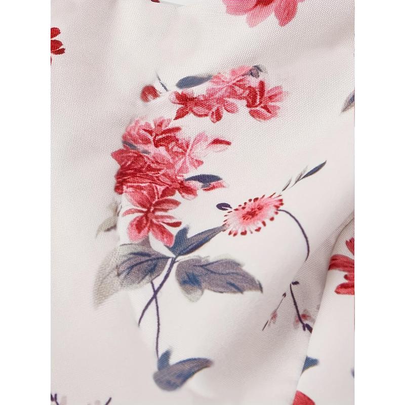 Stand Collar Drawstring Women's Elegant Off-Shoulder Floral Print Dress with Red Bow Straps - Women's Smocked Tiered Maxi Dress