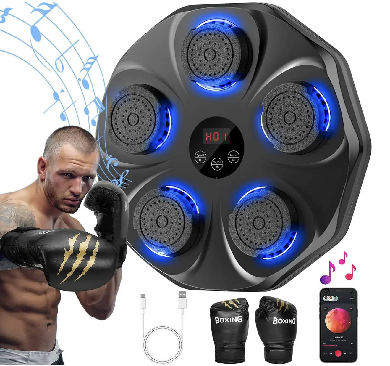 Music Boxing Machine, Interactive Punching Trainer with Boxing Gloves, Large Size Wall Mounted Electronic Boxing Target for Adult Kids, 9 Modes & 9 Speeds Christmas Black Friday Present Gift Mom Dad Son Daughter Family Home House Digital Smart Fun Toy
