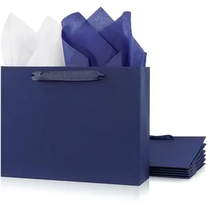 6 Pack Medium 10.5"x4"x8.1" Blue  Bags with Tissue Papers,  Shopping Bags with Ribbon Handles, Retail Wrapping Set for All Occasions