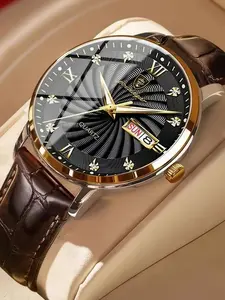 Men's Leather Strap Watch, Dial with Roman Numerals, Luminous Hands, Date Function, Stainless Steel Case, Quartz Movement, Business Fashion Watch