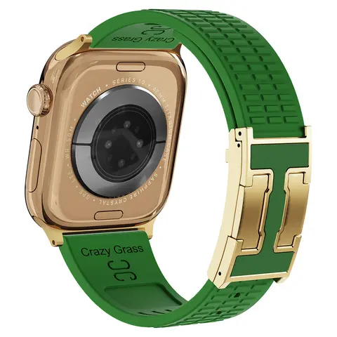 CrazyGrass Soft Silicone Smart Watch Straps with Stainless Lugs, Grid Texture Breathable Band with Gold Magnetic Buckle, 44Mm-49Mm for Series 10 Ultra, Black/Green Band+Gold Buckle for Any Occasion (Watch Not Included)