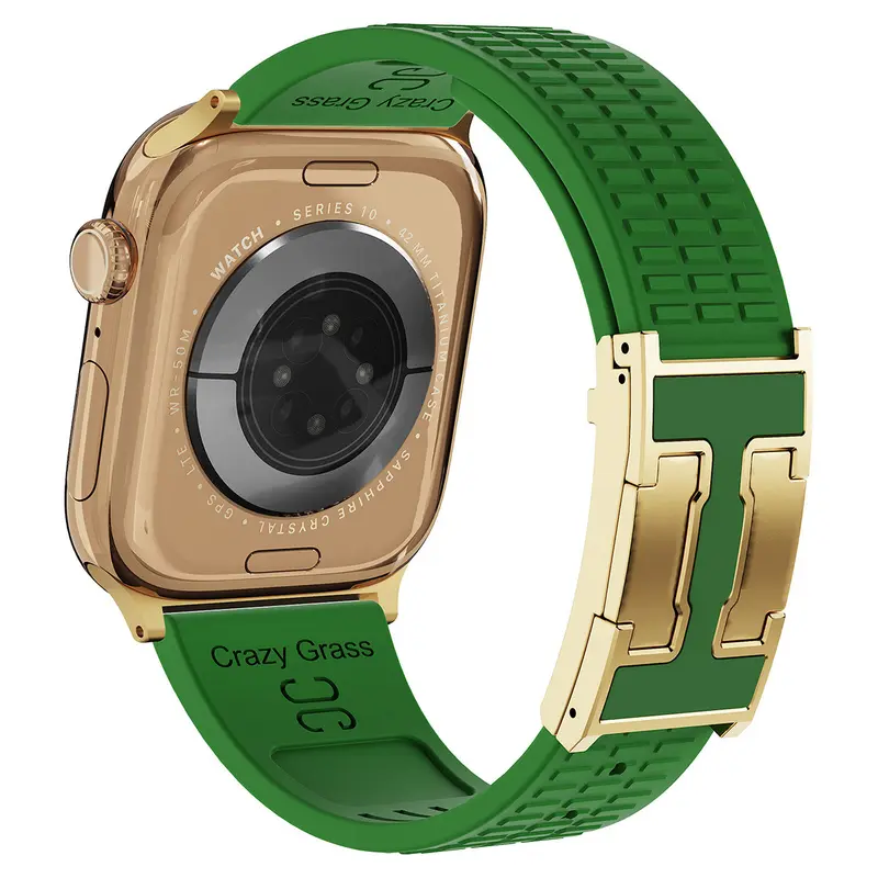 CrazyGrass Soft Silicone Smart Watch Straps with Stainless Lugs, Grid Texture Breathable Band with Gold Magnetic Buckle, 44Mm-49Mm for Series 10 Ultra, Black/Green Band+Gold Buckle for Any Occasion (Watch Not Included)
