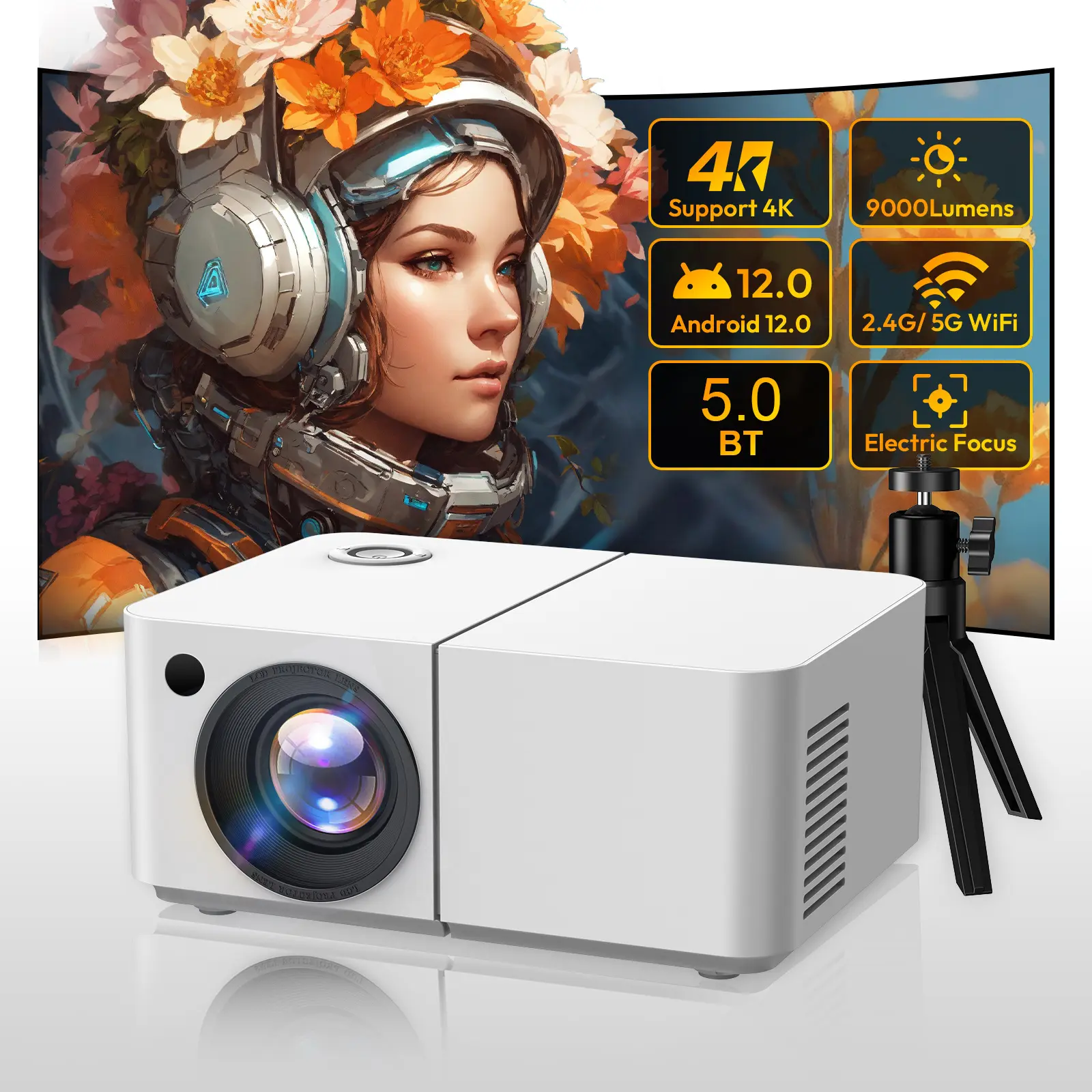 XGODY X2 Mini Smart Projector - Android 12, 12000L, 1080P, WiFi & Bluetooth, Built-in Netflix & 8000+ Apps, Night Light Projection, Audio, Tripod Included